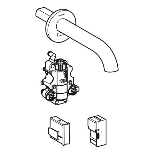 Immagine di Geberit PIAVE rubinetteria per lavabo montaggio a parete, funzionamento a rete, per scatola funzionale da incasso, con bocca d'erogazione da 22 cm, con miscelatore termostatico, finitura cromo lucido 116.287.21.1