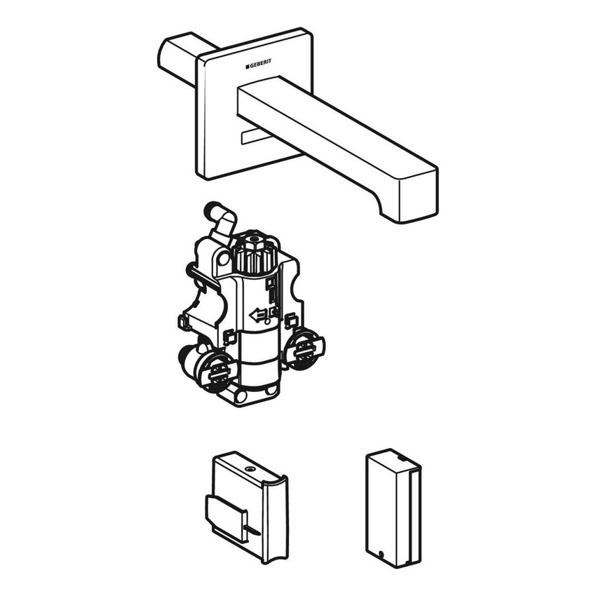 Immagine di Geberit BRENTA rubinetteria per lavabo montaggio a parete, funzionamento a batteria, per scatola funzionale da incasso con bocca d'erogazione da 22 cm, con miscelatore termostatico, finitura cromo lucido 116.298.21.1