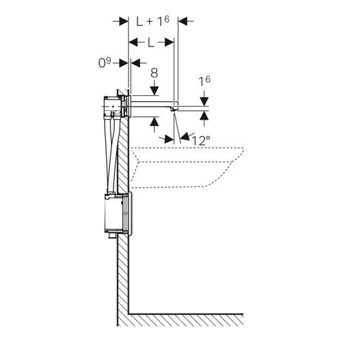 Immagine di Geberit BRENTA rubinetteria per lavabo montaggio a parete, funzionamento a batteria, per scatola funzionale da incasso con bocca d'erogazione da 22 cm, con miscelatore termostatico, finitura cromo lucido 116.298.21.1