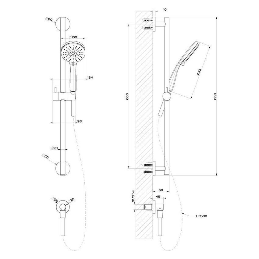 Immagine di Gessi EMPORIO SHOWER asta saliscendi con presa acqua, doccetta anticalcare tre getti e flessibile 150 cm, finitura cromo 47310#031