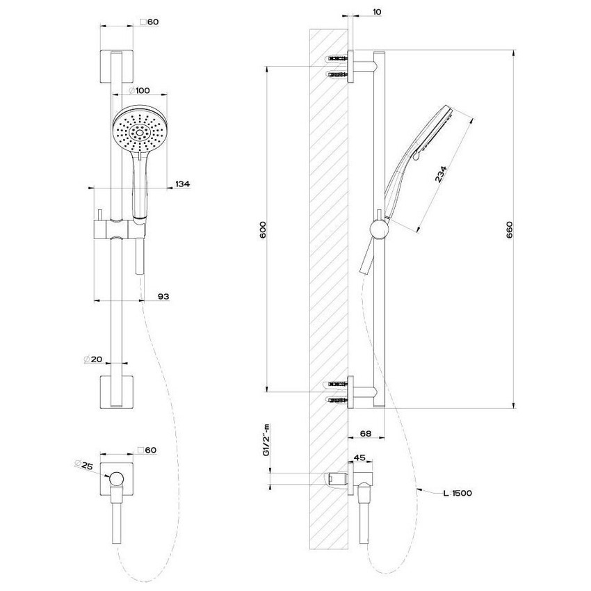 Immagine di Gessi EMPORIO SHOWER asta saliscendi con presa acqua, doccetta anticalcare tre getti e flessibile 150 cm, finitura cromo 47320#031