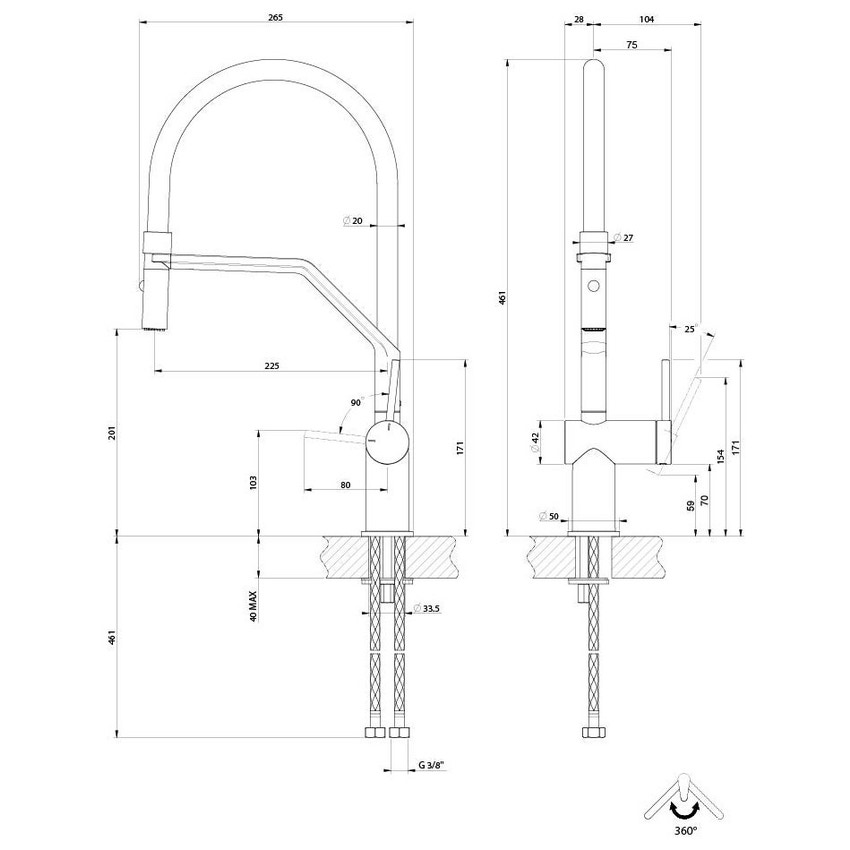 Grohe Concetto Miscelatore cucina semiprofessionale con flessibile igienico  nero e doccetta 2 getti, Cromo (G-31491000)