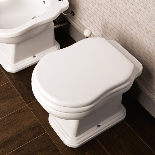 Immagine di Flaminia EFI set sanitari a pavimento, vaso con scarico a pavimento e coprivaso con discesa rallentata, bidet monoforo con troppopieno, colore bianco finitura lucido 6010+6005+23/CR