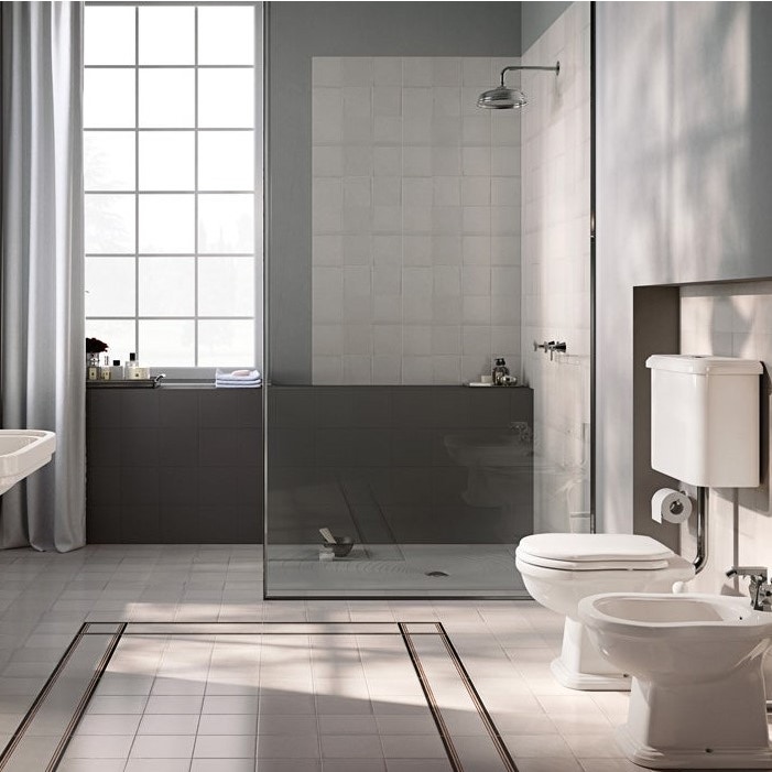 Immagine di Flaminia EFI set sanitari a pavimento, vaso con scarico a pavimento e coprivaso con discesa rallentata, bidet monoforo con troppopieno, colore bianco finitura lucido 6010+6005+23/CR