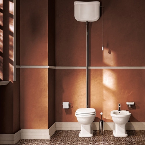 Immagine di Flaminia EFI set sanitari a pavimento, vaso con scarico a pavimento e coprivaso con discesa rallentata, bidet monoforo con troppopieno, colore bianco finitura lucido 6010+6005+23/CR