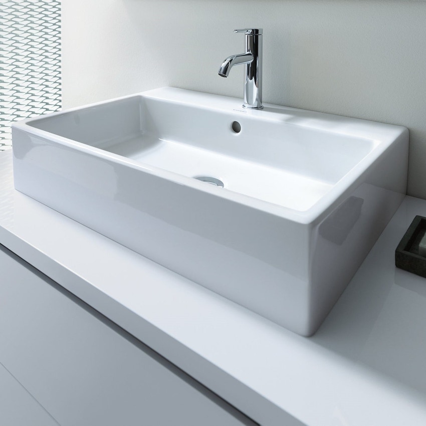 Immagine di Duravit VERO AIR bacinella da appoggio soprapiano 50 cm, monoforo, con rettifica, con troppopieno, con bordo per rubinetteria, parte posteriore smaltata, WonderGliss, colore bianco 23525000001