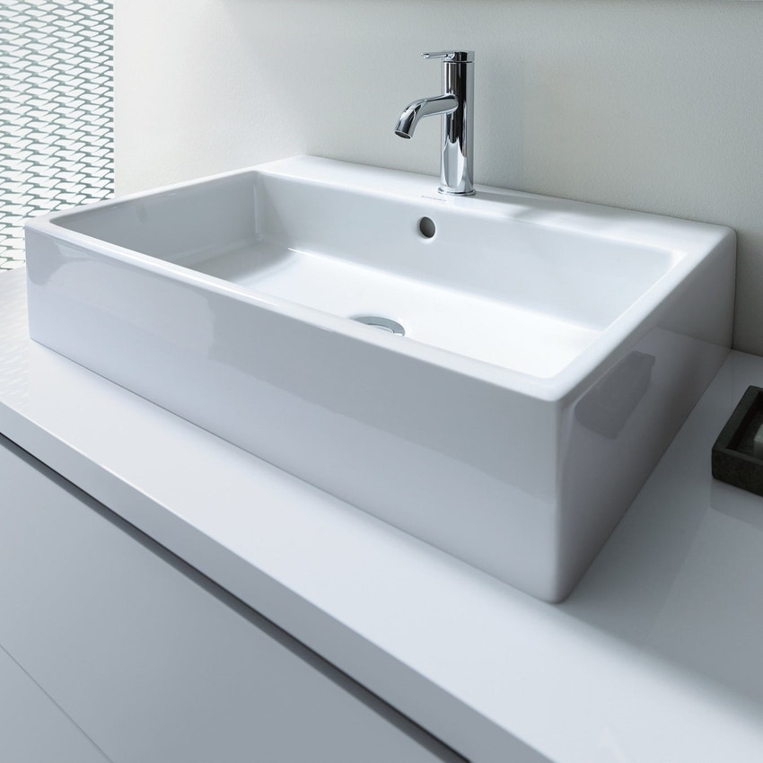 Immagine di Duravit VERO AIR bacinella da appoggio soprapiano 60 cm, monoforo, con rettifica, con troppopieno, con bordo per rubinetteria, parte posteriore smaltata, WonderGliss, colore bianco 23526000001