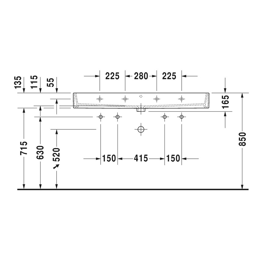 Immagine di Duravit VERO AIR lavabo consolle 120 cm, monoforo per doppia rubinetteria, con troppopieno, con bordo per rubinetteria, lato inferiore smaltato, colore bianco 2350120024