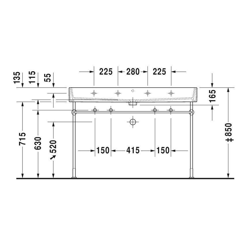 Immagine di Duravit VERO AIR lavabo consolle 120 cm, monoforo per doppia rubinetteria, senza troppopieno, con bordo per rubinetteria, lato inferiore smaltato, colore bianco 2350120043