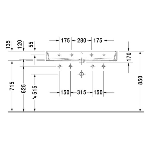 Immagine di Duravit VERO AIR lavabo consolle 100 cm, monoforo per doppia rubinetteria, senza troppopieno, con bordo per rubinetteria, lato inferiore smaltato, colore bianco 2350100043