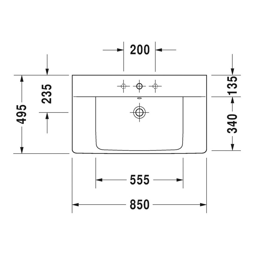 Immagine di Duravit P3 COMFORTS lavabo consolle 85 cm, monoforo, con troppopieno, con bordo per rubinetteria, colore bianco 2332850000