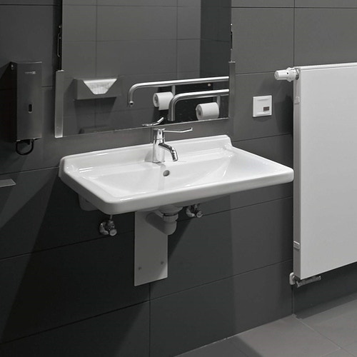 Immagine di Duravit STARCK 3 lavabo Vital 70 cm monoforo, con troppopieno e bordo per rubinetteria, lato inferiore smaltato, WonderGliss, colore bianco 03097000001