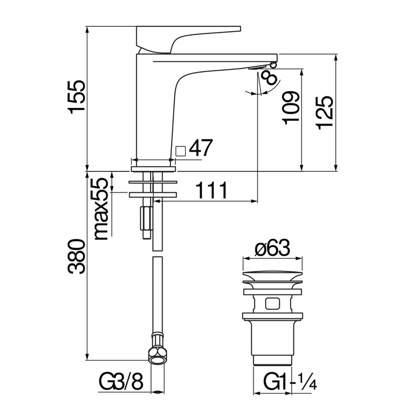 Immagine di Nobili SEVEN miscelatore lavabo monocomando, H.15.5 cm, senza scarico, colore mora finitura opaco SE124118/2BM