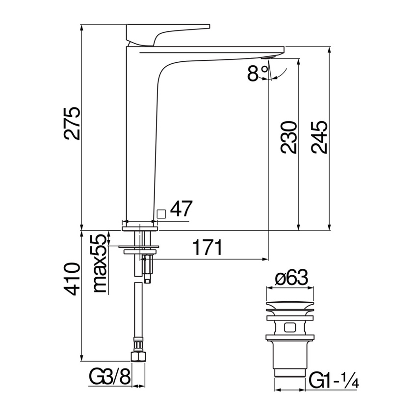 Immagine di Nobili SEVEN miscelatore a bacinella monocomando H.27.5 cm, con scarico 1 1/4” push, colore mora finitura opaco SE124128/2BM