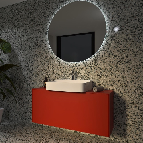 Immagine di Ideal Standard CONCA set con lavabo sospeso o d’appoggio L.60 P.45 cm, colore bianco, miscelatore monocomando con scarico piletta, finitura cromo, mobile sottolavabo L.120 cm, colore sunset finitura opaco, specchio rotondo Ø100 CONCA03