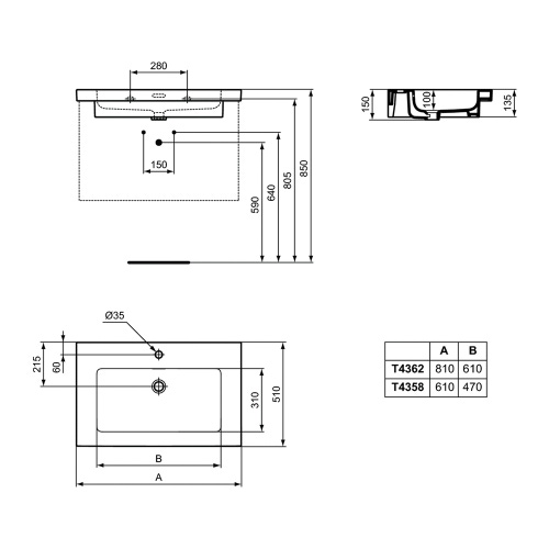 Immagine di Ideal Standard EXTRA lavabo top L.81 cm, monoforo, con troppopieno, colore bianco T436201