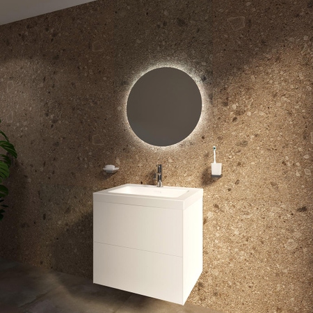 Immagine di Ideal Standard CONCA set con lavabo top L.61 P.51 cm, colore bianco, miscelatore monocomando con scarico piletta, finitura cromo, mobile sottolavabo L.60 cm, esterno colore bianco finitura opaco, specchio rotondo Ø 60 cm CONCA05