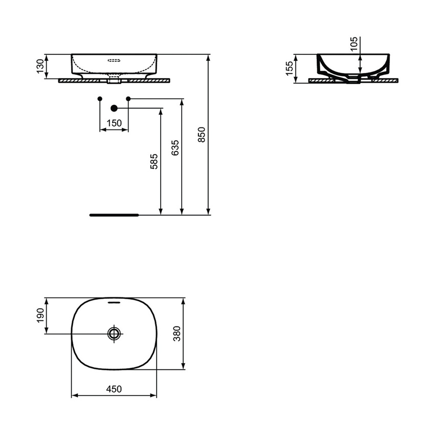 Immagine di Ideal Standard CONCA set con lavabo d’appoggio L.45 P.38 cm, colore bianco, miscelatore monocomando a parete, finitura cromo, mobile sottolavabo L.60 cm, colore bianco finitura opaco, specchio rotondo Ø80 CONCA06