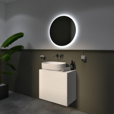 Immagine di Ideal Standard CONCA set con lavabo d’appoggio L.45 P.38 cm, colore bianco, miscelatore monocomando a parete, finitura cromo, mobile sottolavabo L.60 cm, colore bianco finitura opaco, specchio rotondo Ø80 CONCA06
