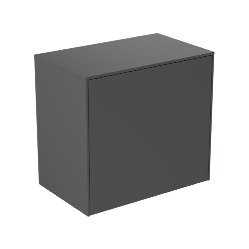 Immagine di Ideal Standard CONCA set con lavabo sospeso L.70 P.45 cm, colore bianco, miscelatore monocomando con scarico piletta, finitura cromo, mobile sottolavabo L.60 cm, colore antracite finitura opaco, specchio rotondo Ø90 CONCA07