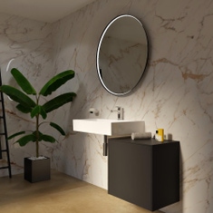 Immagine di Ideal Standard CONCA set con lavabo sospeso L.70 P.45 cm, colore bianco, miscelatore monocomando con scarico piletta, finitura cromo, mobile sottolavabo L.60 cm, colore antracite finitura opaco, specchio rotondo Ø90 CONCA07