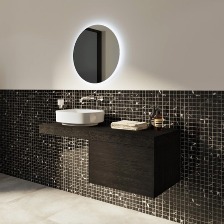 Immagine di Ideal Standard CONCA set con lavabo d’appoggio L.45 P.38 cm, colore bianco, miscelatore monocomando a parete, finitura cromo, mobile sottolavabo L.60 cm, finitura rovere affumicato scuro, mensola L.120, finitura rovere affumicato scuro CONCA09