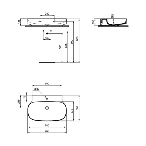 Immagine di Ideal Standard LINDA-X lavabo da appoggio o sospeso L.75 cm, ultrasottile, senza foro del troppopieno, colore bianco seta finitura opaco T4396V1