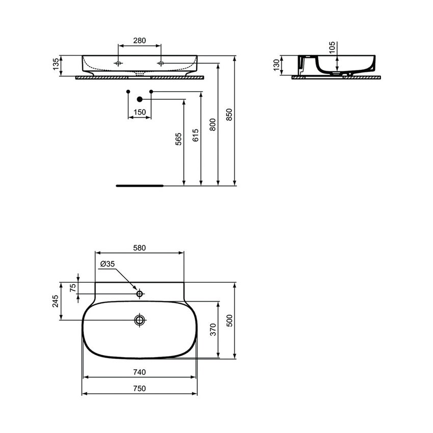 Immagine di Ideal Standard LINDA-X lavabo da appoggio o sospeso L.75 cm, ultrasottile, senza foro del troppopieno, colore bianco seta finitura opaco T4396V1