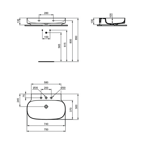 Immagine di Ideal Standard LINDA-X lavabo da appoggio o sospeso L.75 cm, ultrasottile, smaltato, 3 fori rubinetteria, senza foro del troppopieno, colore bianco finitura lucido T439701