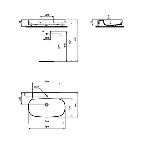 Immagine di Ideal Standard LINDA-X lavabo da appoggio su piano L.75 cm, ultrasottile, monoforo, senza foro del troppopieno, colore bianco seta finitura opaco T4991V1
