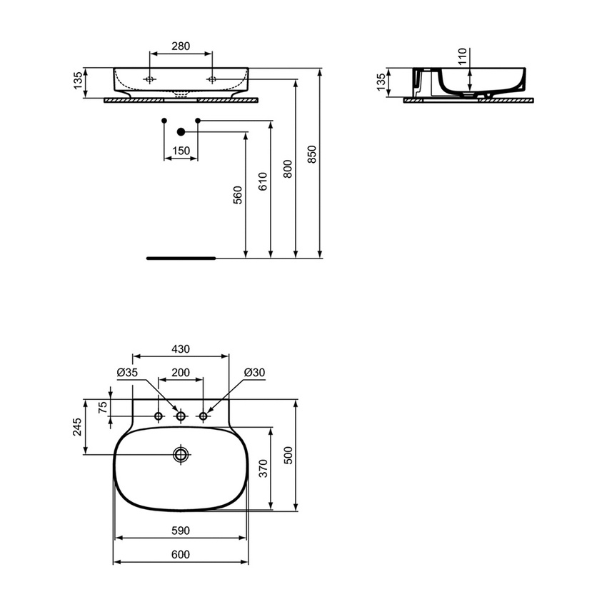 Immagine di Ideal Standard LINDA-X lavabo smaltato da appoggio o sospeso L.60 cm, ultrasottile, con 3 fori rubinetteria, senza troppopieno, colore bianco finitura lucido T439401