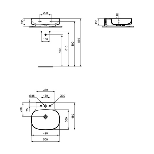 Immagine di Ideal Standard LINDA-X lavabo da appoggio L.50 cm, ultrasottile, 3 fori per rubinetteria, senza troppopieno, colore bianco finitura lucido T498601