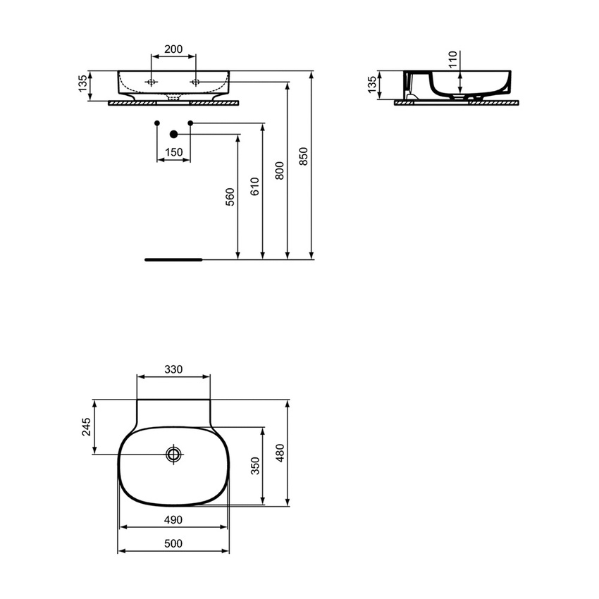 Immagine di Ideal Standard LINDA-X lavabo da appoggio L.50 cm, ultrasottile, senza foro rubinetteria e senza troppopieno, colore bianco finitura lucido T498701