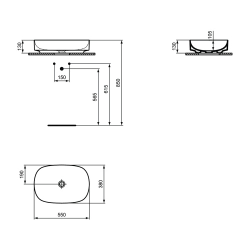Immagine di Ideal Standard LINDA-X lavabo da appoggio L.55 cm, ultrasottile, senza foro rubinetteria e senza troppopieno, colore bianco finitura lucido T440201