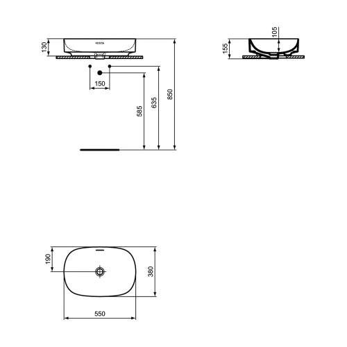 Immagine di Ideal Standard LINDA-X lavabo da appoggio L.55 cm, ultrasottile, senza foro rubinetteria, con troppopieno, colore bianco finitura lucido T440101