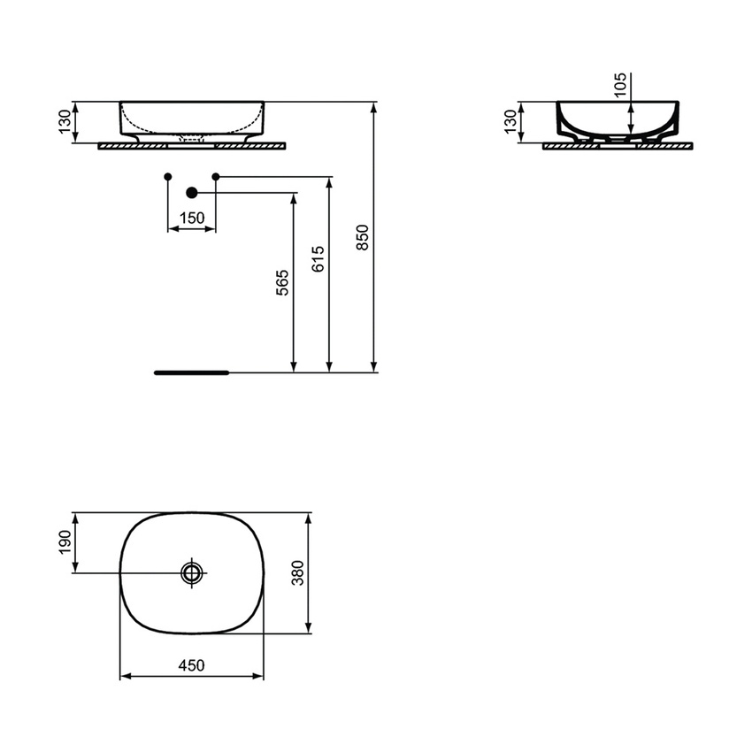 Immagine di Ideal Standard LINDA-X lavabo da appoggio L.45 cm, ultrasottile, senza foro e senza troppopieno, colore bianco finitura lucido T440001