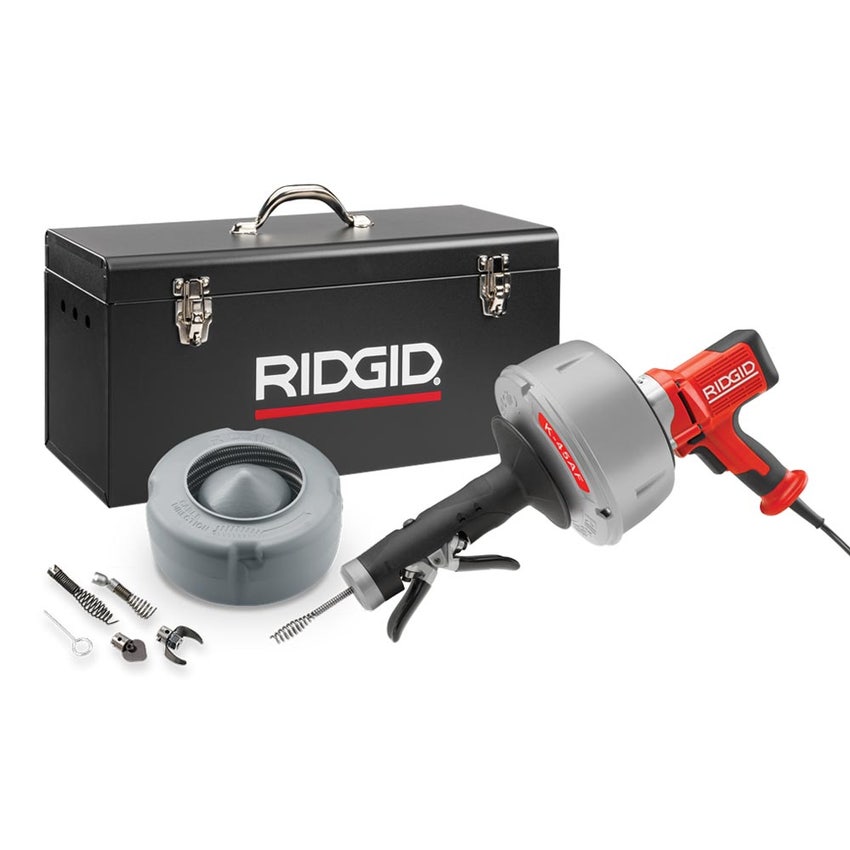 Immagine di Ridgid K-45AF-5 Stasatrice 110 V (UK) per condutture di scarico da 3/4" a 2 1/2" (20-75 mm), con cavo C-1IC e C-6 con tamburo interno, set di utensili e cassetta di trasporto 37343