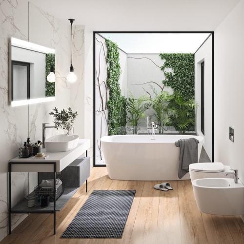 Immagine di Ideal Standard soluzione bagno completo, sanitari sospesi, lavabo 60 cm, colore bianco finitura lucido, doccia rettangolare 120x90, colore nero finitura pietra opaco, mobile sottolavabo 105 cm, finitura noce scuro, rubinetteria colore nero finitura opaco SING13