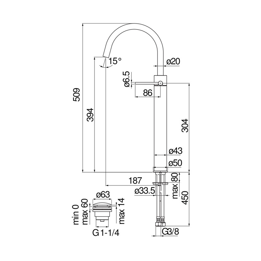 Immagine di Nobili VELIS miscelatore monocomando per bacinella H.51 cm, con scarico 1 1/4” push, finitura cromo VE125148/2CR