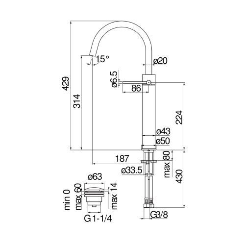 Immagine di Nobili VELIS miscelatore monocomando per bacinella H.43 cm, con scarico 1 1/4” push, finitura cromo VE125168/2CR