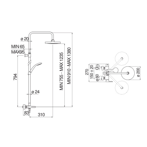 Immagine di Nobili ABC colonna doccia con miscelatore monocomando esterno con rampa telescopica, con doccetta, supporto doccetta, soffione e flessibile 150 cm, finitura cromo AB87130/50CR