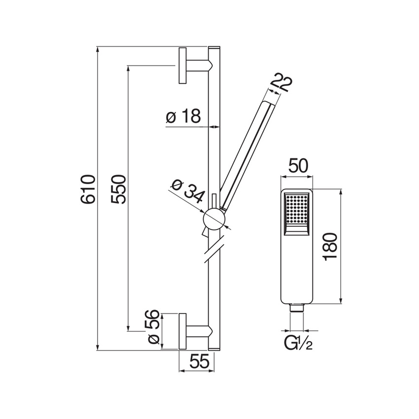 Immagine di Nobili ACQUAVIVA asta murale H.61 cm, con doccetta, supporto doccetta e flessibile 150 cm, finitura cromo AD140/53CR