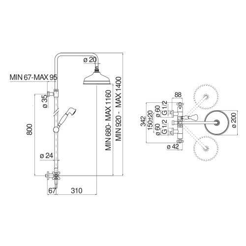 Immagine di Nobili GRAZIA colonna doccia con termostatico esterno e rampa telescopica, soffione a snodo ø 20 cm, doccetta, supporto doccetta e flessibile 150 cm, finitura cromo GRC0030/50CR