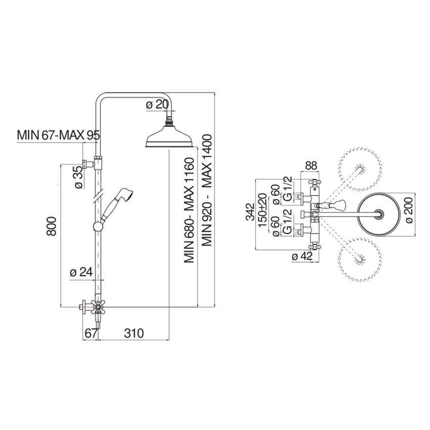 Immagine di Nobili GRAZIA colonna doccia con termostatico esterno e rampa telescopica, soffione a snodo ø 20 cm, doccetta, supporto doccetta e flessibile 150 cm, finitura cromo GRC0030/50CR