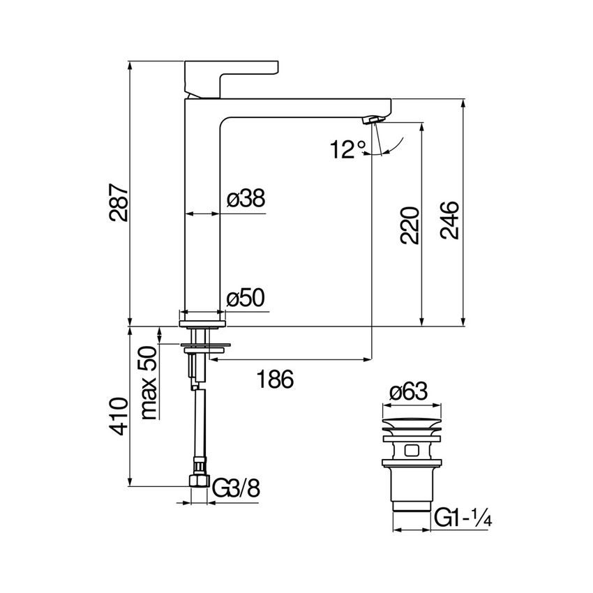Immagine di Nobili LIRA miscelatore monocomando per bacinella H.29 cm, con scarico push 1 1/4”, finitura cromo LR116128/2CR