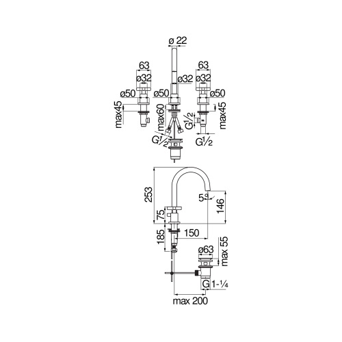 Immagine di Nobili LIRA batteria 3 fori per lavabo P.15 cm, con scarico, finitura cromo LR116211/1CR