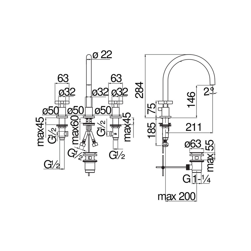 Immagine di Nobili LIRA batteria 3 fori per lavabo P.21 cm, con scarico, finitura cromo LR116211/5CR