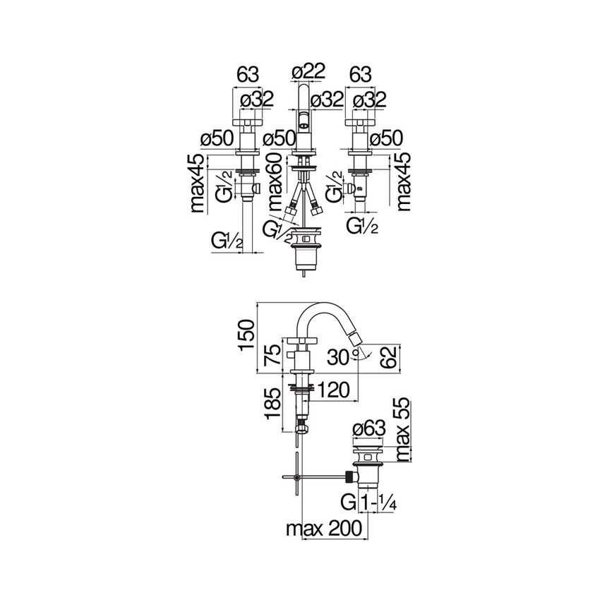 Immagine di Nobili LIRA batteria 3 fori per bidet, con scarico, finitura cromo LR116215/1CR