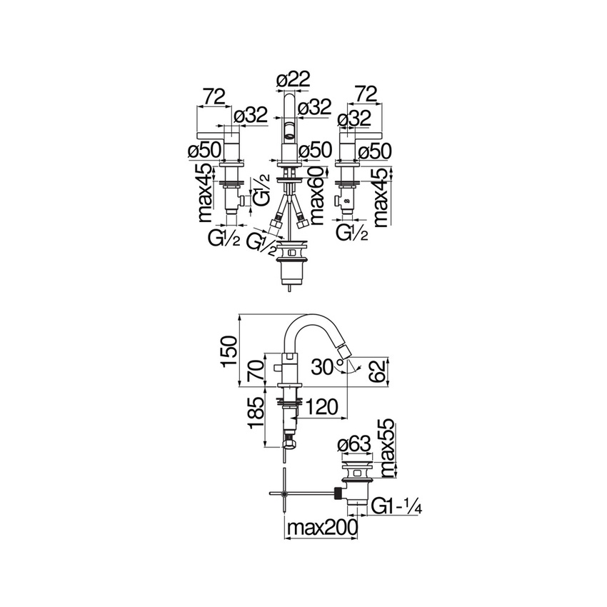Immagine di Nobili LIRA batteria 3 fori per bidet, a parete, con scarico, finitura cromo LR116215/1T1CR