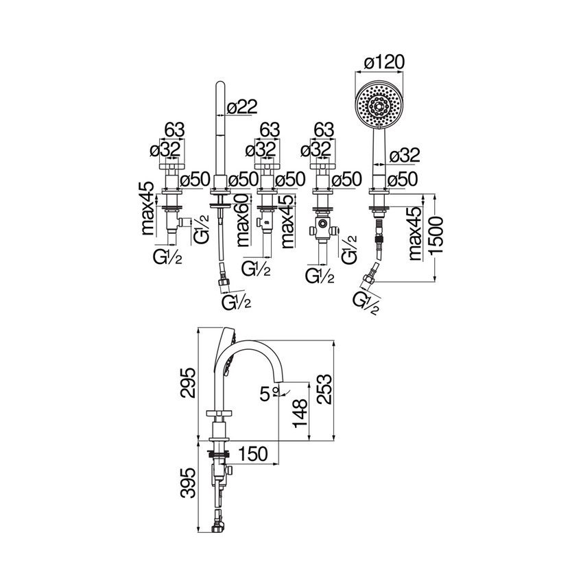Immagine di Nobili LIRA batteria 5 fori per bordo vasca P.15 cm, con deviatore a 2 vie, finitura cromo WEBK204/LRCR